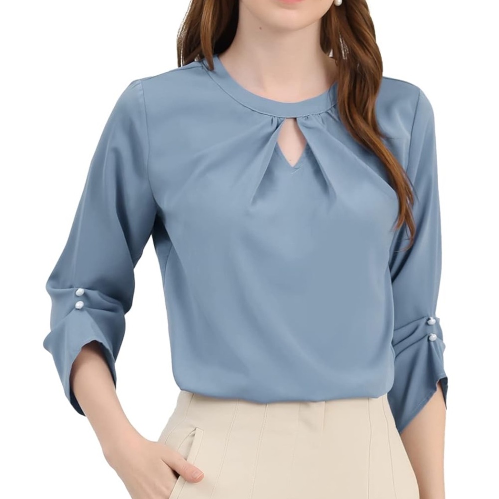 Allegra K Blue Keyhole Blouse